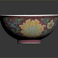 Red Ceramic Bowl With Colorful Floral Peony Patterns And White Rim