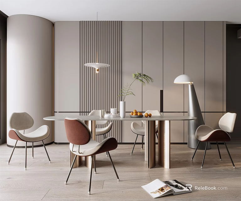 Modern Elegant Dining Room Interior With Round Table Designer Chairs And Pendant Lights 3d model