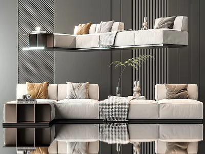Modern Sectional Sofa With Neutral Tones Accent Pillows Green Plant And Vertical Striped Wall 3d model