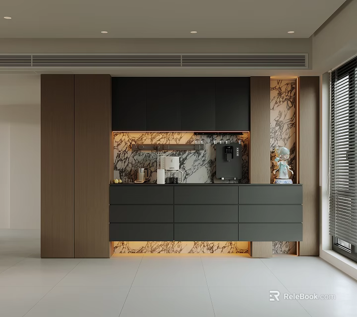 Modern Sideboard Design With Wooden Black Cabinets Illuminated Marble Backsplash And Appliances In Spacious Room 3d model 
