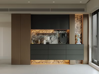 Modern Sideboard Design With Wooden Black Cabinets Illuminated Marble Backsplash And Appliances In Spacious Room 3d model