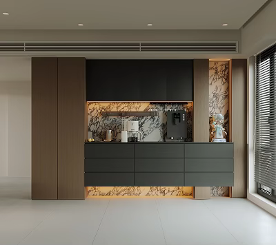 Modern Sideboard Design With Wooden Black Cabinets Illuminated Marble Backsplash And Appliances In Spacious Room 3d model