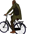Man Riding Black Bicycle Wearing Green Coat And Brown Pants With Blue Wheels