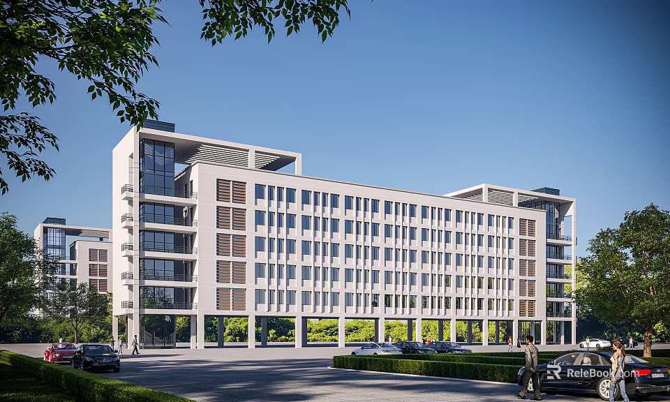 Modern School Building Exterior With Multiple Floors Large Windows Green Surroundings And Parking Area 3d model 