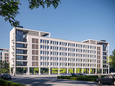 Modern School Building Exterior With Multiple Floors Large Windows Green Surroundings And Parking Area 3d model