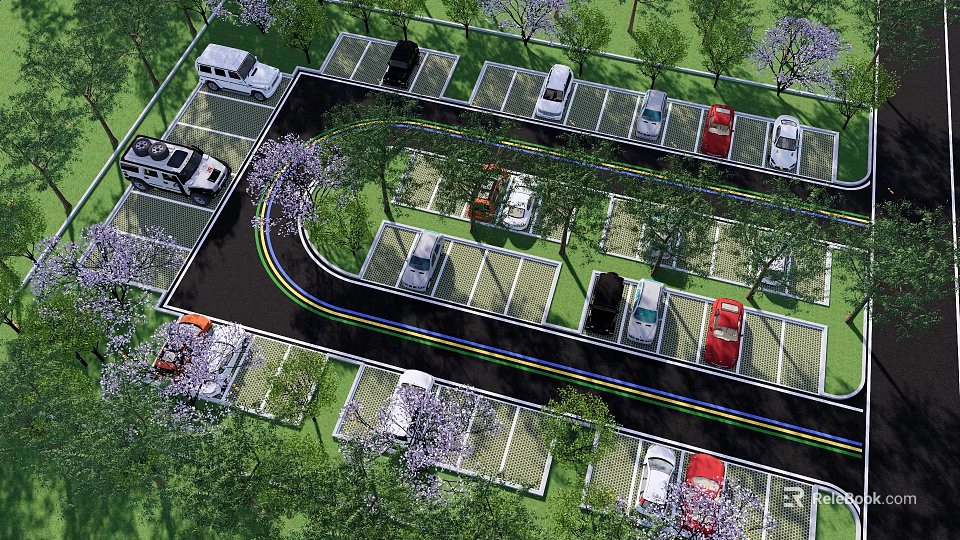 Green Landscaped Parking Lot With Trees Purple Flowers And Curved Roads 3d model 
