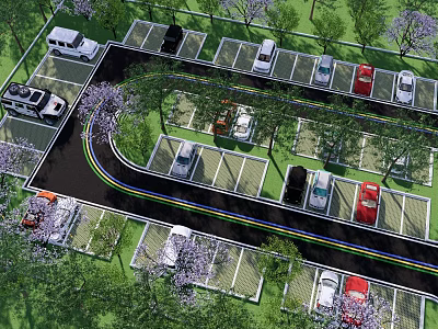 Green Landscaped Parking Lot With Trees Purple Flowers And Curved Roads 3d model