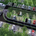 Green Landscaped Parking Lot With Trees Purple Flowers And Curved Roads
