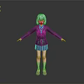 3D Anime Character with Light Blue Hair Black Coat Blue Skirt White Stockings Red Shoes