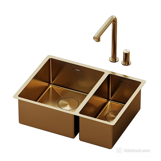 Golden Double Bowl Kitchen Sink With Matching Faucet For Modern Kitchen 3d model 