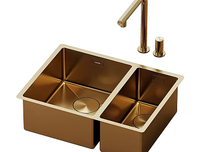 Golden Double Bowl Kitchen Sink With Matching Faucet For Modern Kitchen 3d model