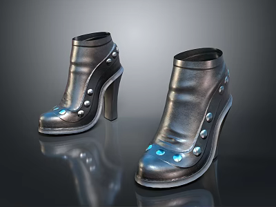 Stylish Black High Heel Ankle Boots With Metal Buttons And Blue Glowing Details 3d model
