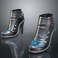 Stylish Black High Heel Ankle Boots With Metal Buttons And Blue Glowing Details