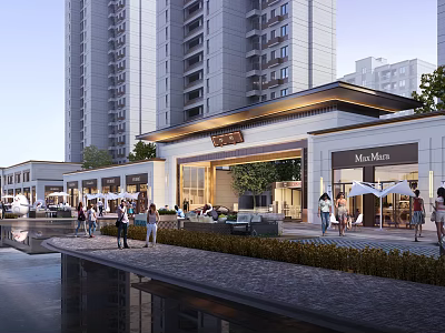 Vibrant Commercial Street Waterfront Area With High rise Buildings Pedestrians And Shops 3d model