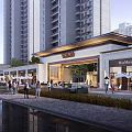 Vibrant Commercial Street Waterfront Area With High rise Buildings Pedestrians And Shops