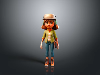 A Cartoon Man With Brown Hair Wearing Helmet Green Jacket Blue Pants And Orange Shoes 3d model