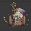 Green Haired Girl Sitting On Animal Shaped Cart With Teddy Bear And Falling Leaves