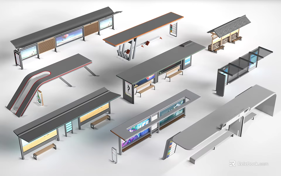 Modern Bus Station Designs With Shelters Seats And Advertising Panels 3d model 