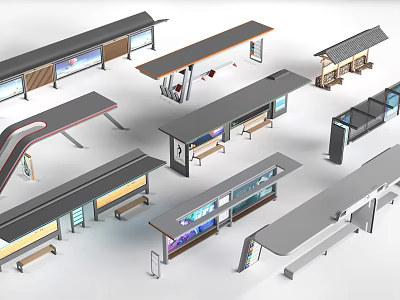 Modern Bus Station Designs With Shelters Seats And Advertising Panels 3d model