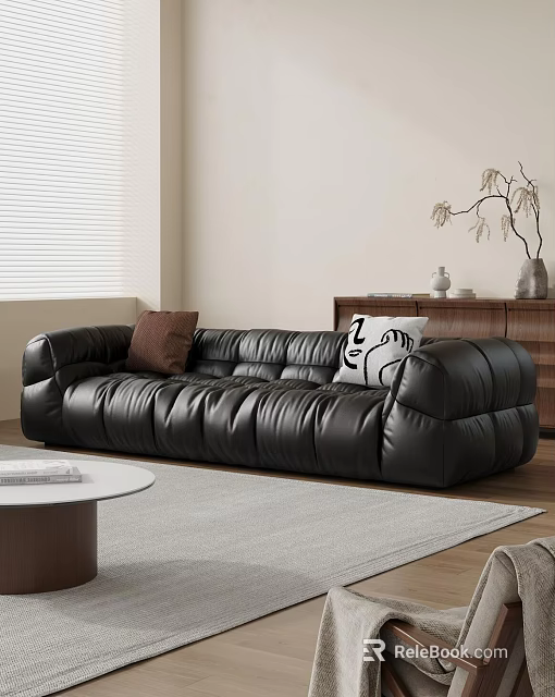 Modern Black Leather Large Sofa With Accent Pillows Round Coffee Table And Wooden Cabinet Decor 3d model 