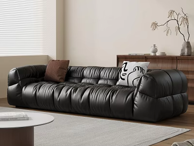 Modern Black Leather Large Sofa With Accent Pillows Round Coffee Table And Wooden Cabinet Decor 3d model