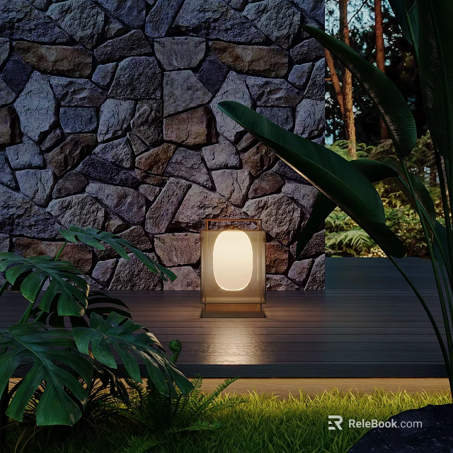 Illuminated Outdoor Light on Wooden Deck Against Stone Wall with Green Plants 3d model 