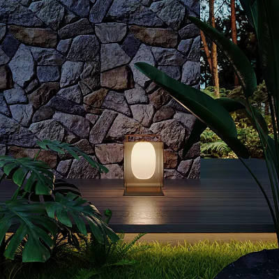 Illuminated Outdoor Light on Wooden Deck Against Stone Wall with Green Plants 3d model