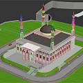 Islamic Style Hotel Building White Exterior With Dome Minarets Green Lawn And Circular Driveway