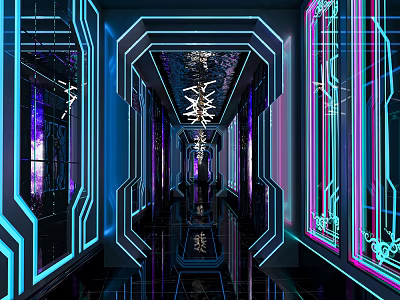 Modern KTV Interior With Neon Lights Mirrored Walls And Stylish Corridor Design 3d model