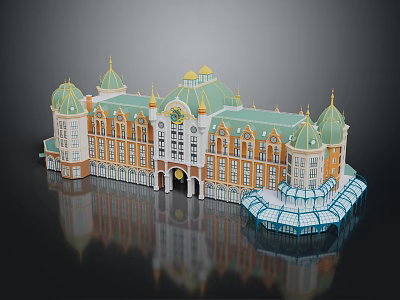 Elegant European Style Building With Green Domes Arched Doorway Yellow White Facades And Glass Structure 3d model