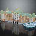 Elegant European Style Building With Green Domes Arched Doorway Yellow White Facades And Glass Structure