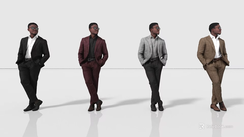 Men In Various Colored Stylish Suits Standing And Posing With Hands In Pockets 3d model