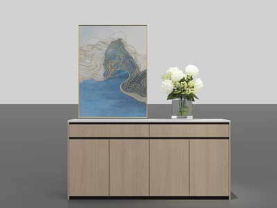Wooden Entryway Console Cabinet with Abstract Painting and White Flower Vase 3d model