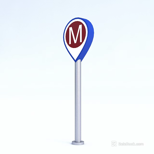 Metro Sign with Red Background White M Letter Blue Border and Silver Pole 3d model 