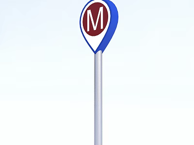 Metro Sign with Red Background White M Letter Blue Border and Silver Pole 3d model