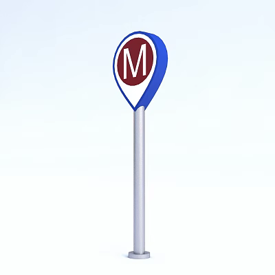 Metro Sign with Red Background White M Letter Blue Border and Silver Pole 3d model