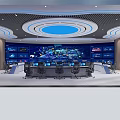 Modern High Tech Control Room With Large Screens Displaying World Map Data Charts And Workstations 3d model