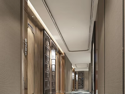 Modern Hotel Corridor Interior With Wooden Doors Recessed Lighting And Textured Walls 3d model