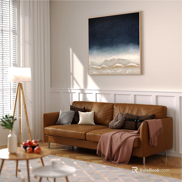 Cozy Living Room Interior With Brown Leather Sofa Throw Pillows Large Painting And Floor Lamp 3d model 