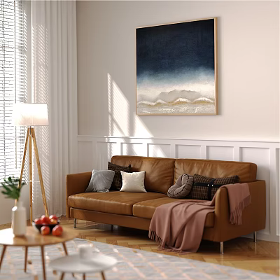 Cozy Living Room Interior With Brown Leather Sofa Throw Pillows Large Painting And Floor Lamp 3d model