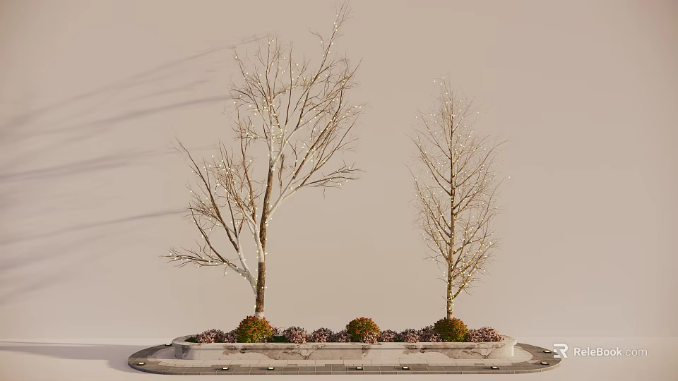Two Leafless Arbor Trees with Slender Trunks in Circular Planter and Small Shrubs Light Background 3d model 