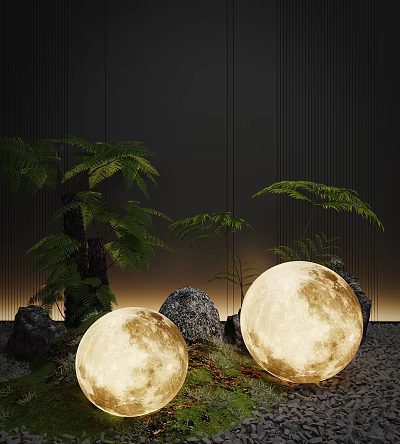 Moon Shaped Floor Lamps For Modern Interior With Ferns And Rocks 3d model