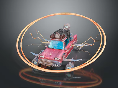 Red Vintage Car Model Featuring Roof Equipment Orange Circular Light And Lightning Effects 3d model