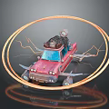 Red Vintage Car Model Featuring Roof Equipment Orange Circular Light And Lightning Effects