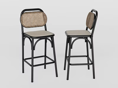 Modern Bar Stools With Black Frame Woven Backrest And Light Gray Seat 3d model