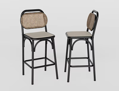Modern Bar Stools With Black Frame Woven Backrest And Light Gray Seat 3d model