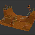 Orange Skate Park Scene With Ramp Figures Food Truck And Bicycle