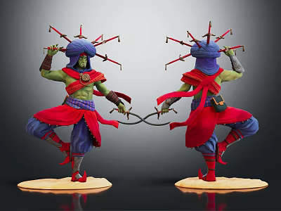 Two Green Skinned Warrior Characters With Weapon Adorned Heads And Red Outfits Holding Blades 3d model
