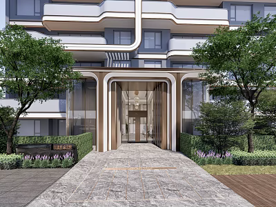 Modern Building Entrance Feature Wall With Green Trees Shrubs Glass And Stone Pavement 3d model