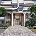 Modern Building Entrance Feature Wall With Green Trees Shrubs Glass And Stone Pavement
